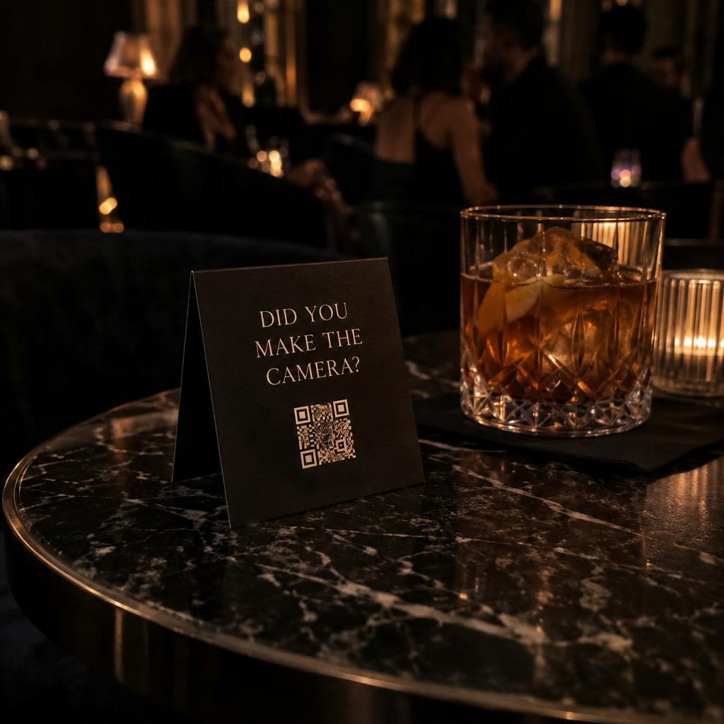 Afterglow QR tent card on a cocktail table